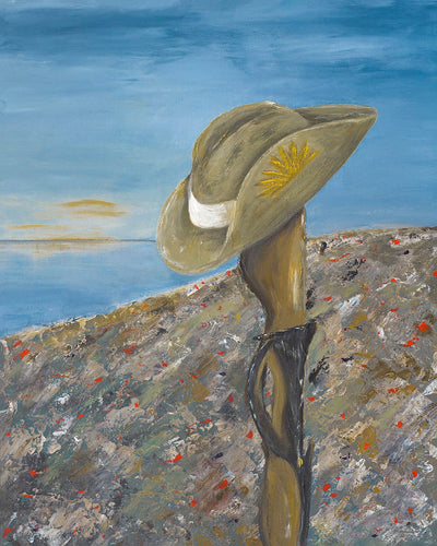 Original painting of a Digger's slouch hat resting on a gun with an ANZAC inspired Crest by Kerry Sandhu Art