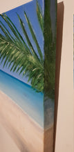 Load image into Gallery viewer, Original painting of a tranquil tropical beach with palm leaves by Kerry Sandhu Art