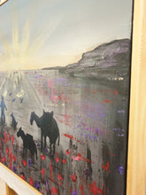 Load image into Gallery viewer, Original painting of a soldier, horse, camel, donkey, dog, birds walking through a field of poppies by Kerry Sandhu Art