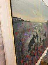 Load image into Gallery viewer, Original painting of a soldier, horse, camel, donkey, dog, birds walking through a field of poppies by Kerry Sandhu Art