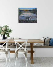 Load image into Gallery viewer, Original painting of a black and white cow eating with the sun rising by Kerry Sandhu Art