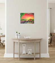 Load image into Gallery viewer, Original painting of sunrays filtering through a glass of red wine, patio table with grapes overlooking flowerbed & vineyard