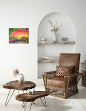 Load image into Gallery viewer, Original painting of sunrays filtering through a glass of red wine, patio table with grapes overlooking flowerbed & vineyard