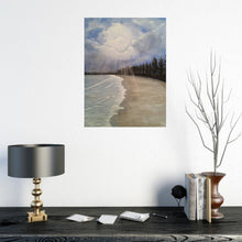 Load image into Gallery viewer, Original painting of a pine tree lined beach with sunrays poking through the clouds by Kerry Sandhu Art