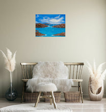 Load image into Gallery viewer, Original painting of sunrays filtering through clouds covering red rocks and blue and turquoise water by Kerry Sandhu Art