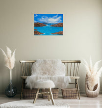 Load image into Gallery viewer, Original painting of sunrays filtering through clouds covering red rocks and blue and turquoise water by Kerry Sandhu Art