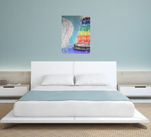 Load image into Gallery viewer, original artwork of white angel wings next to a chakra fountain