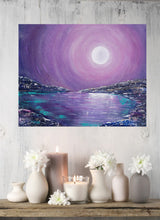 Load image into Gallery viewer, Original painting of a mystical full moon reflecting over water by Kerry Sandhu Art