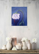 Load image into Gallery viewer, Original painting of a white rose with a single blood drip by Kerry Sandhu Art