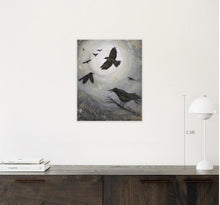 Load image into Gallery viewer, Original painting of a murder of crows flying and perched