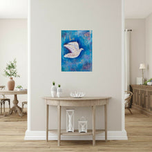Load image into Gallery viewer, Original painting of a white bird with a blue abstract background by Kerry Sandhu Art