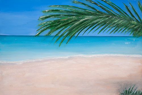 Original painting of a tranquil tropical beach with palm leaves by Kerry Sandhu Art