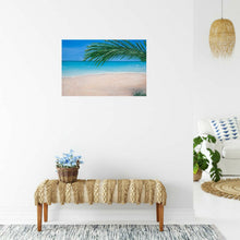 Load image into Gallery viewer, Original painting of a tranquil tropical beach with palm leaves by Kerry Sandhu Art