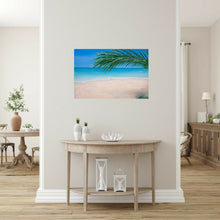 Load image into Gallery viewer, Original painting of a tranquil tropical beach with palm leaves by Kerry Sandhu Art