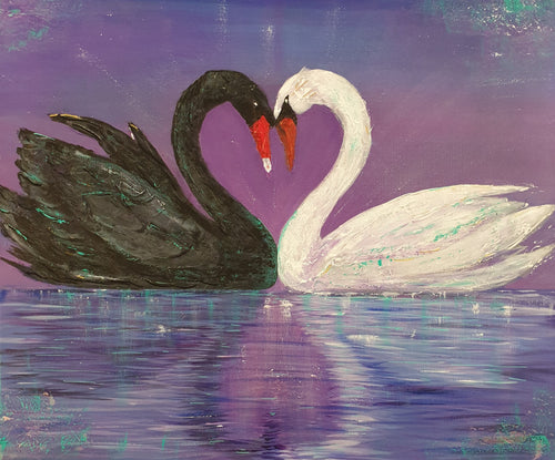 Original painting of a black and a white swan touch heads to form a love heart with the heart reflecting in the water