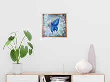 Load image into Gallery viewer, Original painting (in a pine box frame) of a blue butterfly on a purple flower with coloured bokeh lights behind