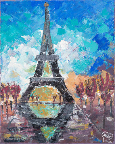 Original impressionistic painting of the Eiffel Tower and it's reflection in water by Kerry Sandhu Art