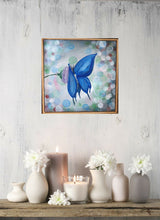 Load image into Gallery viewer, Original painting (in a pine box frame) of a blue butterfly on a purple flower with coloured bokeh lights behind
