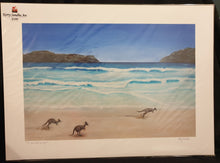 Load image into Gallery viewer,  Original painting of kangaroos on Lucky Bay beach in Esperance, Western Australia giclee prints available in two sizes
