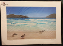 Load image into Gallery viewer, Original painting of kangaroos on Lucky Bay beach in Esperance, Western Australia giclee prints available in two sizes