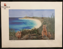 Load image into Gallery viewer, GICLEE PRINT of quokkas overlooking Pinky&#39;s Beach &amp; Bathurst Lighthouse on Rottnest Island, Western Australia - two sizes
