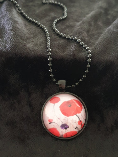 25mm Black Pendant & Chain - Original painting of red poppies with an abstract background