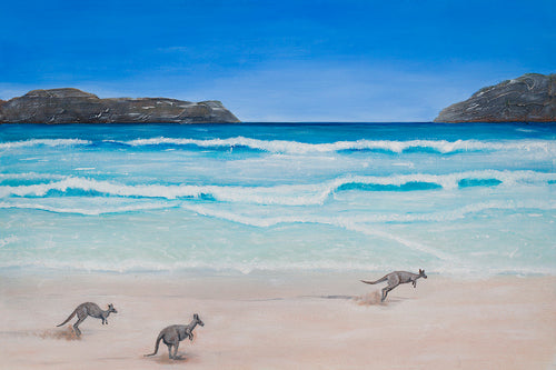 Original painting of kangaroos on Lucky Bay beach in Esperance, Western Australia giclee prints available in two sizes