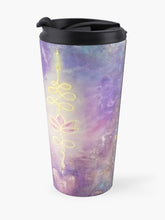 Load image into Gallery viewer, Original painting of a unalome power symbol in gold leaf on an abstract background on an insulated stainless steel travel mug