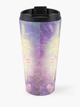 Load image into Gallery viewer, Original painting of a unalome power symbol in gold leaf on an abstract background on an insulated stainless steel travel mug