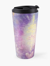 Load image into Gallery viewer, Original painting of a unalome power symbol in gold leaf on an abstract background on an insulated stainless steel travel mug