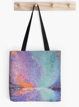 Load image into Gallery viewer, Original painting of a colourful sunset reflected on the water with a bright soul star on a 41 x 41cm tote bag