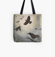 Load image into Gallery viewer, Original painting of a murder of crows flying and perched on a 41 x 41cm tote bag