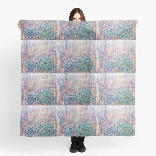 Two succulents with a colourful abstract background on a large square 140 x 140cm scarf / wrap / shawl