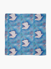 Load image into Gallery viewer, Original painting of a white bird with a blue abstract background on a large square 140 x 140cm scarf / wrap / shawl