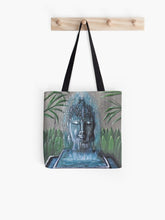 Load image into Gallery viewer, Original painting of a serene buddha head water feature / fountain on a 41 x 41cm tote bag