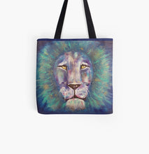 Load image into Gallery viewer, Original painting of a bold coloured lion head close up on a 41 x 41cm tote bag