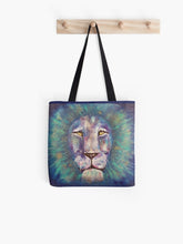 Load image into Gallery viewer, Original painting of a bold coloured lion head close up on a 41 x 41cm tote bag