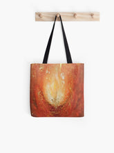 Load image into Gallery viewer, Abstract painting of an orange and yellow flame with gold leaf detail 33 x 33cm tote bag