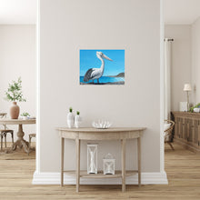 Load image into Gallery viewer, Original painting of an Australian pelican standing rocks overlooking a beach by Kerry Sandhu Art