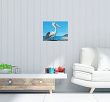 Load image into Gallery viewer, Original painting of an Australian pelican standing rocks overlooking a beach by Kerry Sandhu Art