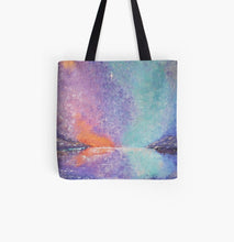 Load image into Gallery viewer, Original painting of a colourful sunset reflected on the water with a bright soul star on a 41 x 41cm tote bag