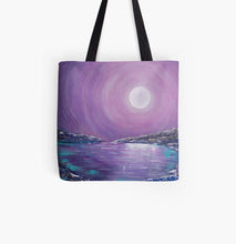 Load image into Gallery viewer, Original painting of a mystical full moon reflecting over water on a 41 x 41cm tote bag