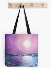 Load image into Gallery viewer, Original painting of a mystical full moon reflecting over water on a 41 x 41cm tote bag