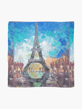 Load image into Gallery viewer, Impressionistic painting of the Eiffel Tower and it's reflection in water on a large square 140x140 scarf/wrap/shawl