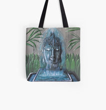 Load image into Gallery viewer, Original painting of a serene buddha head water feature / fountain on a 41 x 41cm tote bag