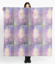 Load image into Gallery viewer, Painting of a unalome power symbol in gold leaf on an abstract background on a square 140 x140 scarf/wrap/shawl
