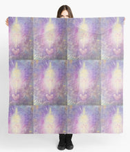 Load image into Gallery viewer, Painting of a unalome power symbol in gold leaf on an abstract background on a square 140 x140 scarf/wrap/shawl