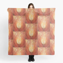 Load image into Gallery viewer, Abstract painting of an orange and yellow flame with gold leaf detail large 140 x 140cm scarf / wrap / shawl