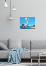 Load image into Gallery viewer, Original painting of an Australian pelican standing rocks overlooking a beach by Kerry Sandhu Art