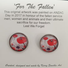 Load image into Gallery viewer, Original painting of red poppies with an abstract background on 16mm surgical steel stud earrings